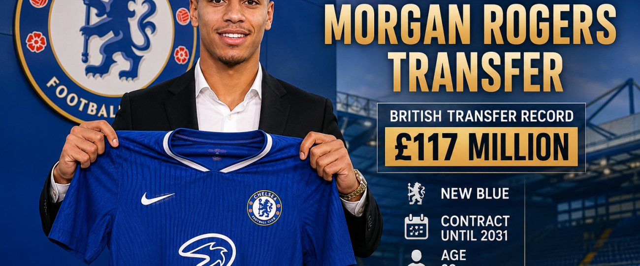 Morgan Rogers holding a Chelsea jersey after completing his record-breaking transfer from Aston Villa during the 2026 summer transfer window.